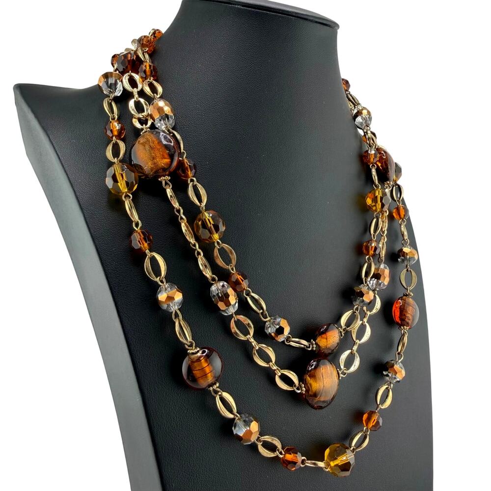 Amber Art Glass Foil Beads Trip Strand Layered Classy Gold Tone 18" Necklace